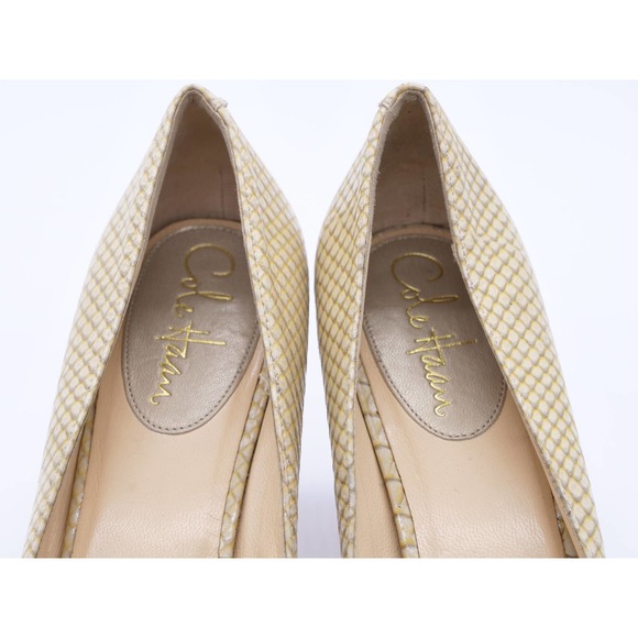 Cole Haan Heels Womens 8 Tan Snake Print Leather Peep Toe Stacked Heel Pumps - Picture 7 of 12